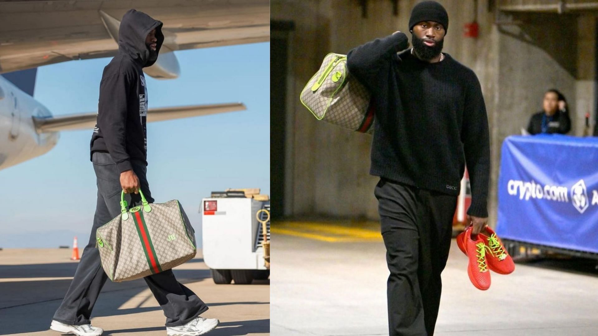Jaylen Brown travels in style to OKC with custom Gucci $1970 Gucci duffle bag