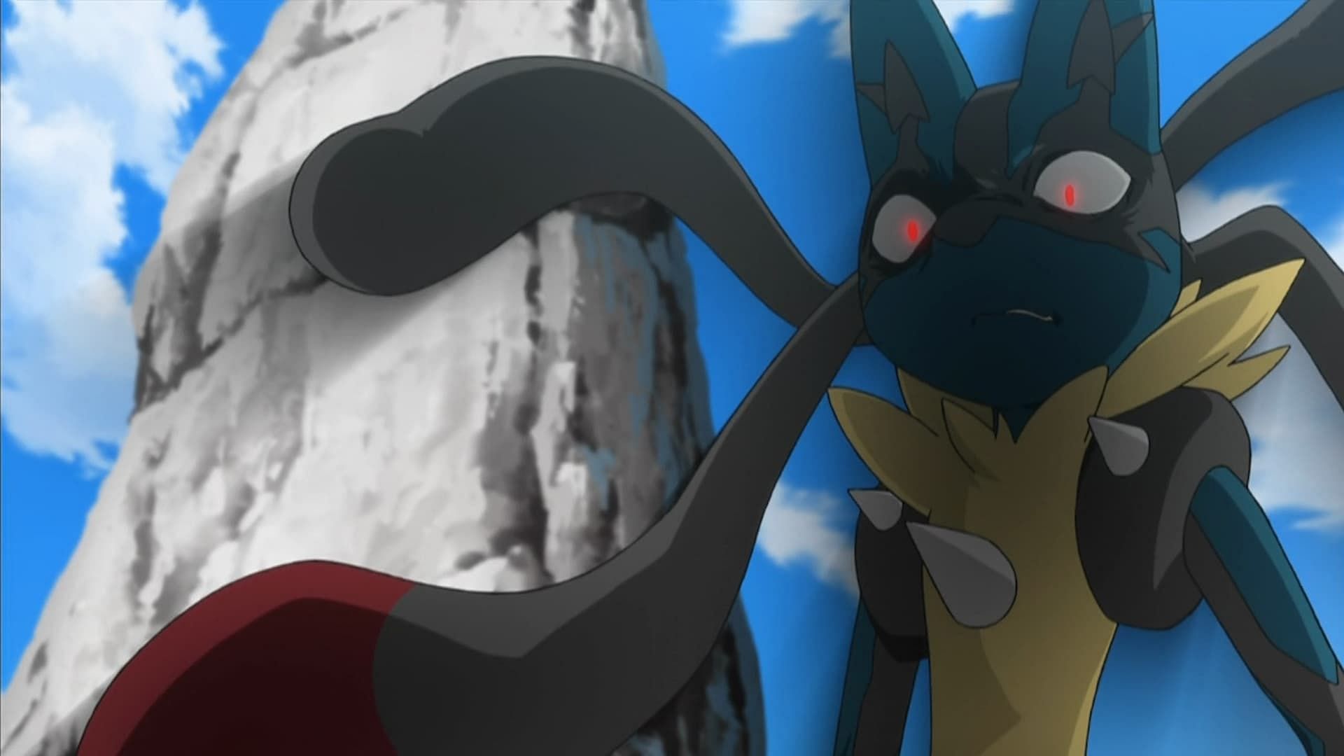 Korrina&#039;s Mega Lucario losing control. (Image via The Pokemon Company)