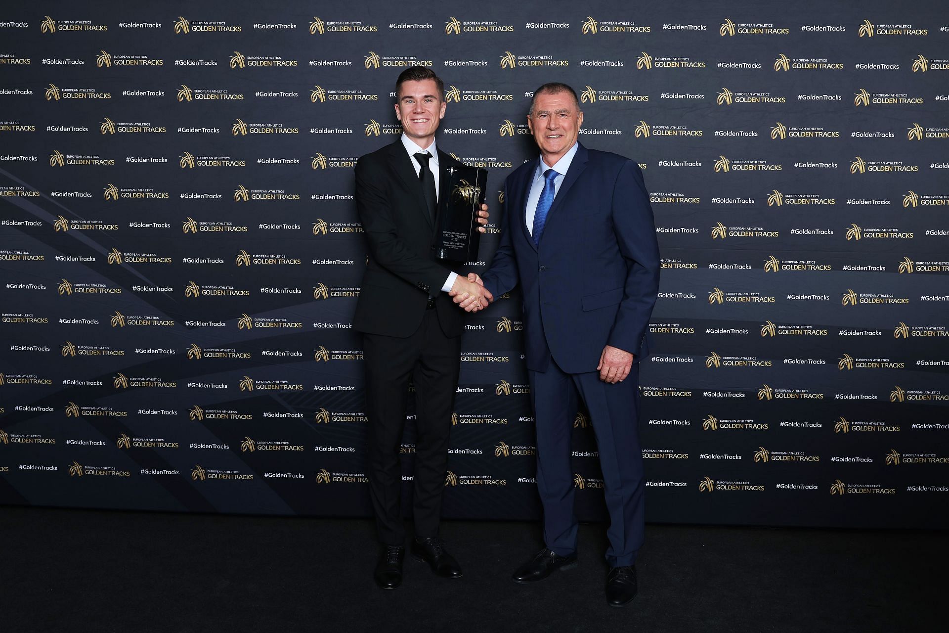 Jakob Ingebrigtsen with European Athletics President, Dobromir Karamarinov at the 2023 Golden Tracks awards (Photo by Joosep Martinson/Getty Images for European Athletics)