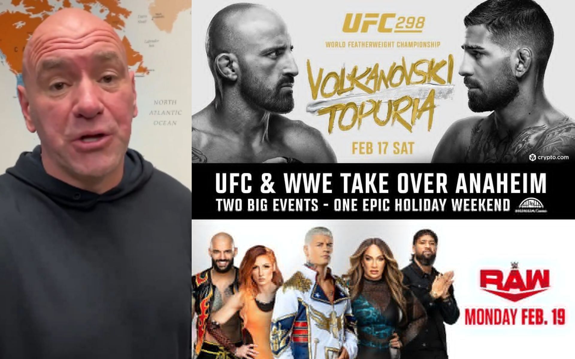 UFC [Dana White, Left] announces tickets on sale for special TKO weekend with WWE [Poster, Right] [Image credit: @danawhite and @ufc - X]