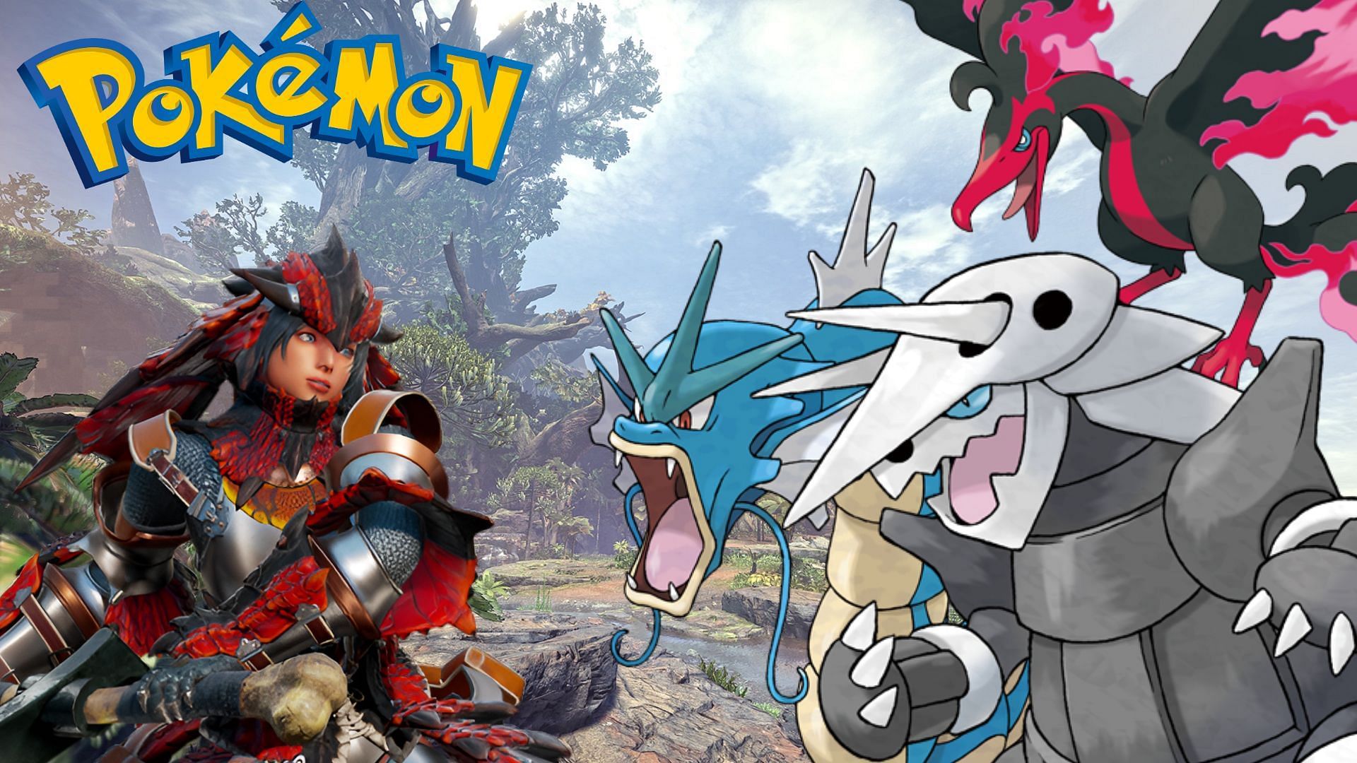Gyarados, Aggron, and Galarian Moltres face off against a Monster Hunter near the Pokemon logo.