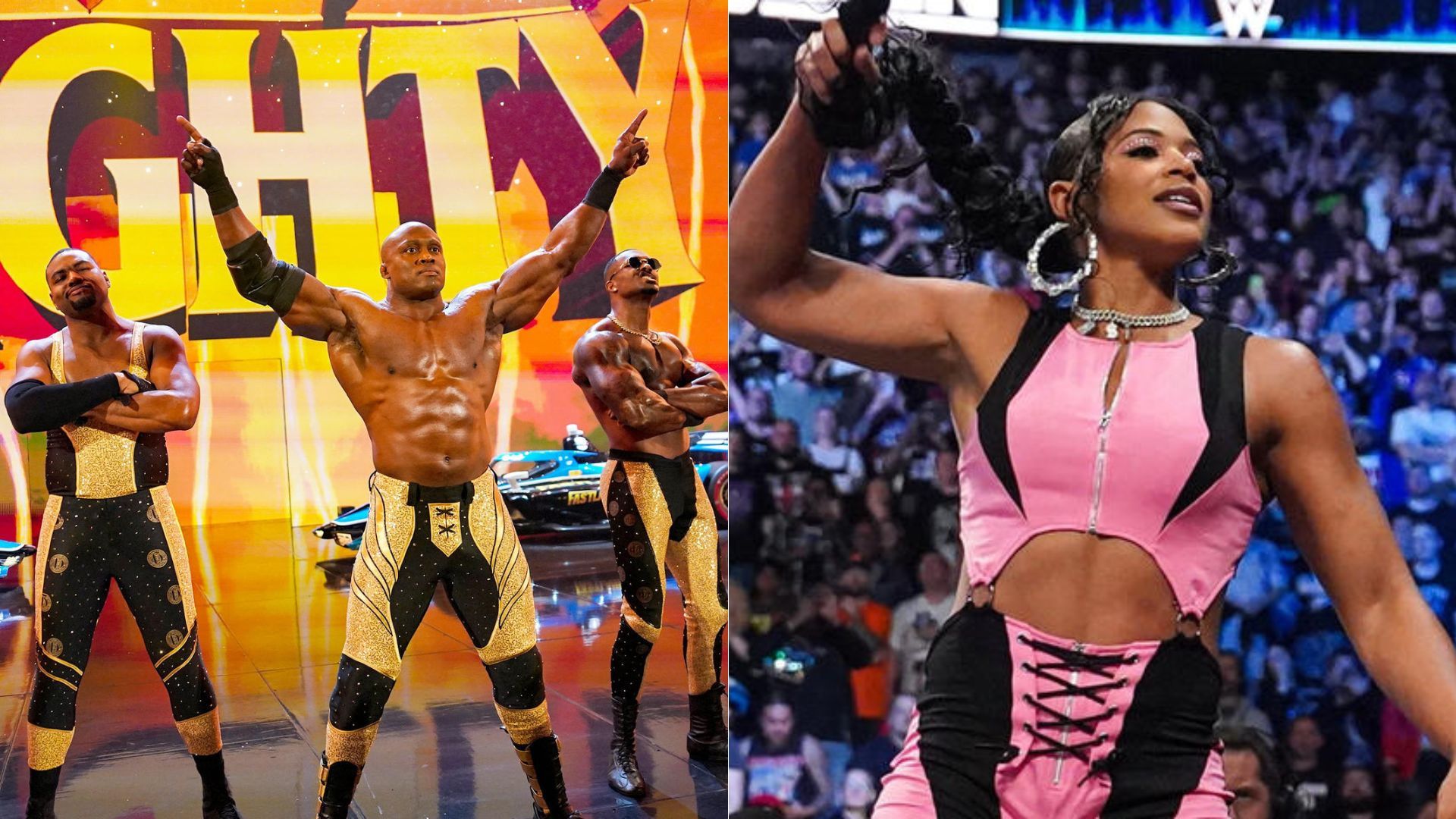 Angelo Dawkins, Bobby Lashley, and Montez Ford (left); Bianca Belair (right)