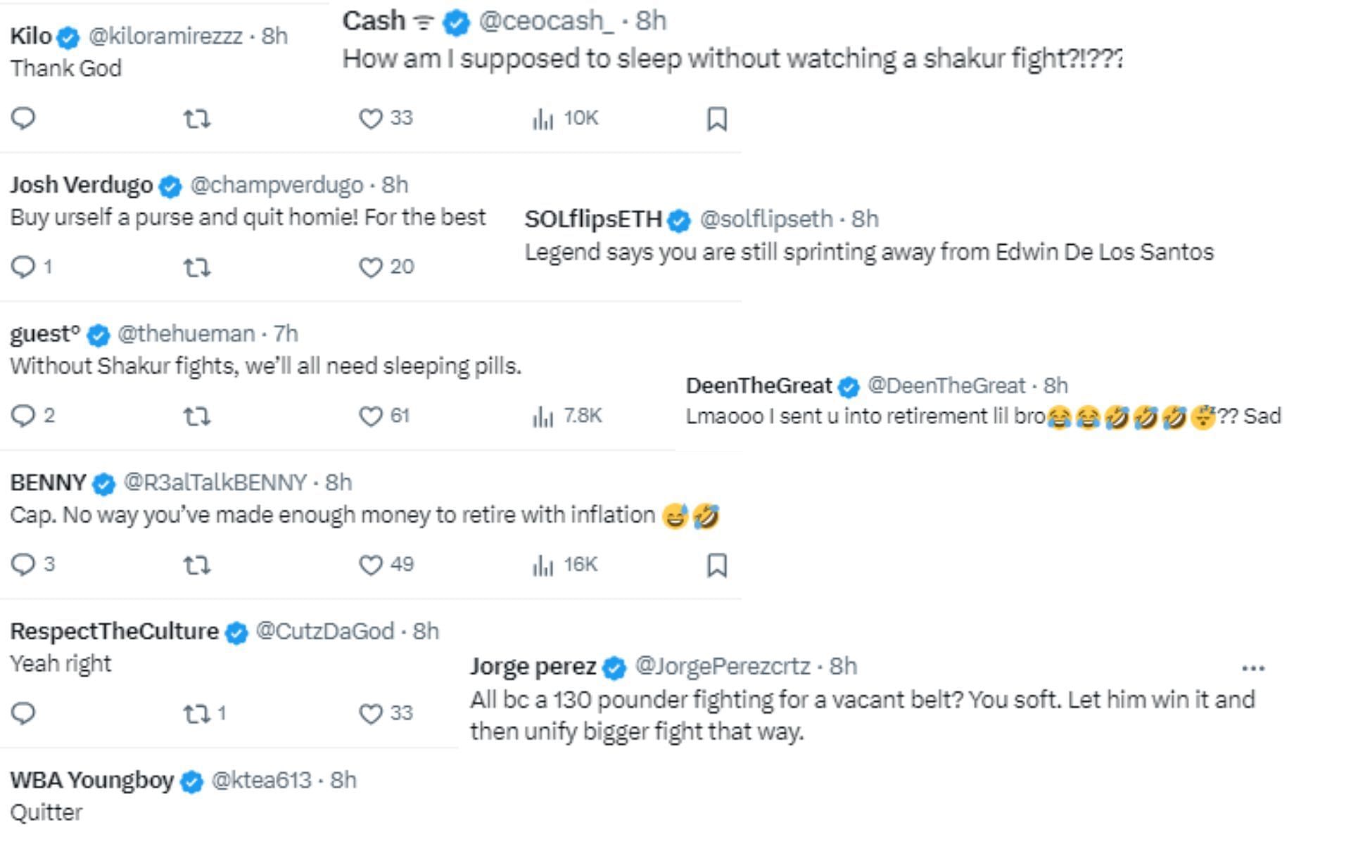 Screenshots of fan reactions to Shakur Stevenson&#039;s retirement announcement