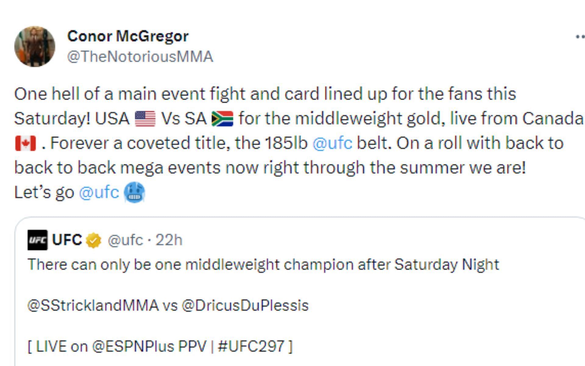 McGregor&#039;s tweet regarding UFC 297 [Image courtesy: @TheNotoriousMMA - X]