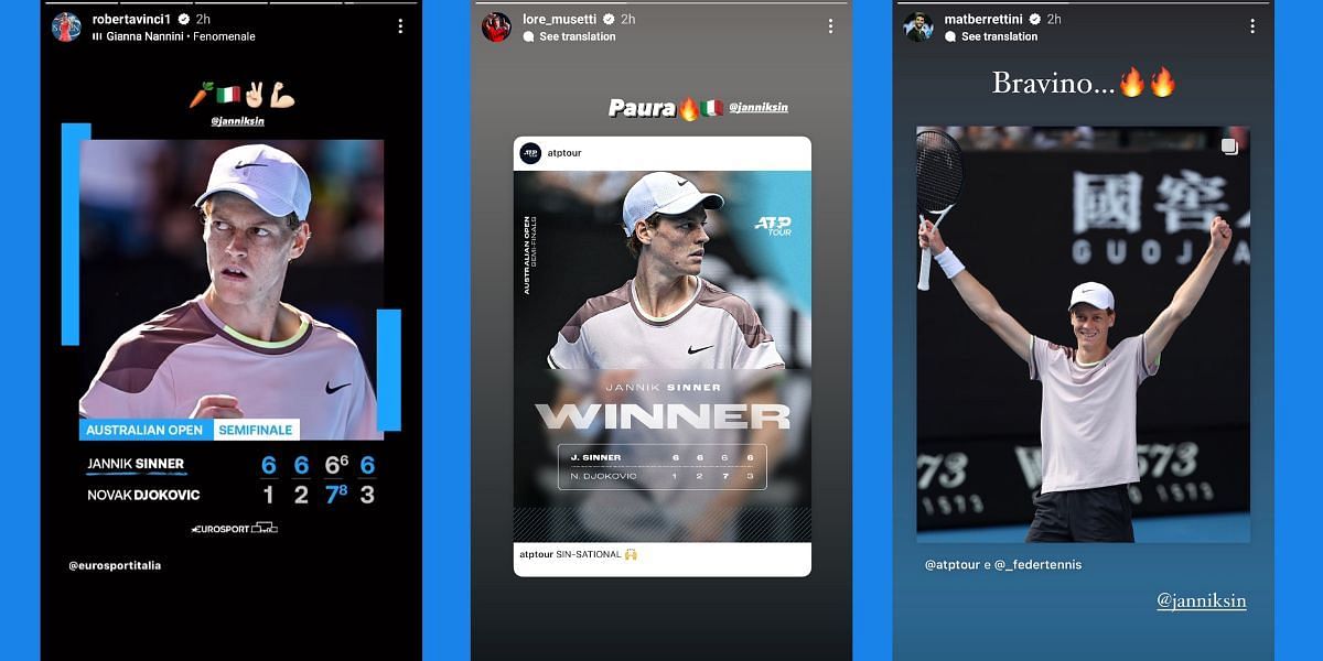 Roberta Vinci, Lorenzo Musetti and Matteo Berrettini&#039;s Instagram stories