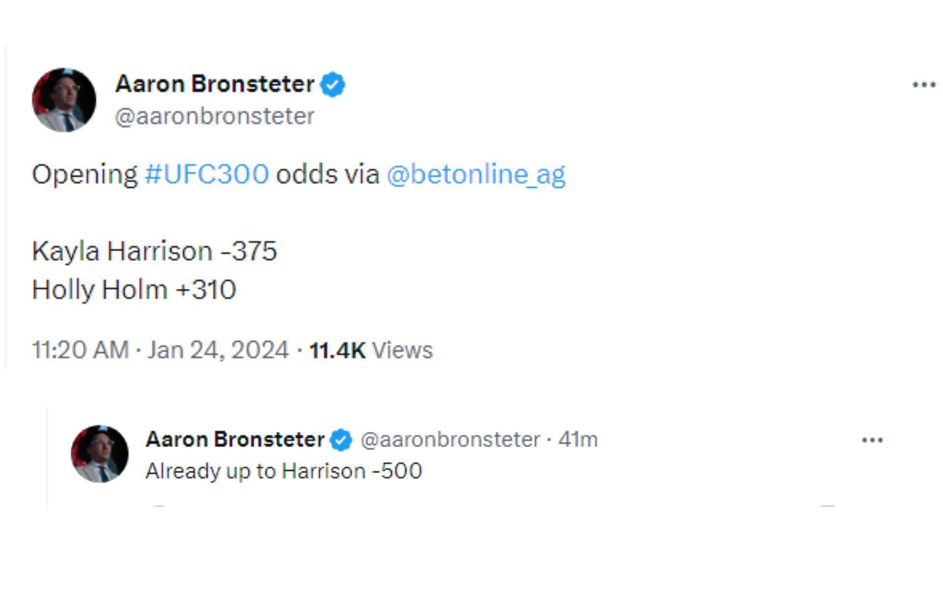 Bronsteter&#039;s tweets regarding betting odds for Harrison vs. Holm at UFC 300 [Image courtesy: @aaronbronsteter - X]