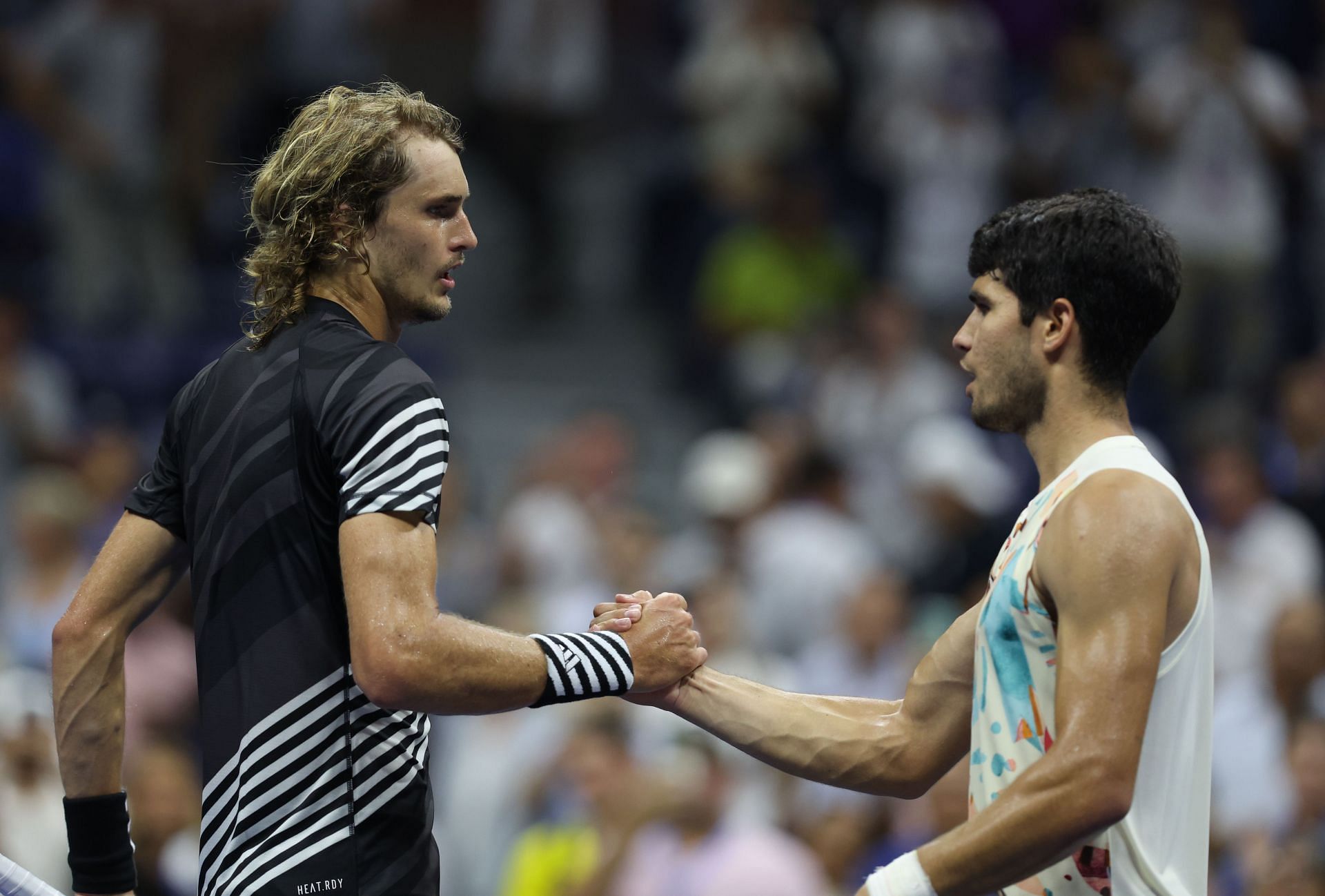 Alexander Zverev and Carlos Alcaraz pictured at the 2023 US Open