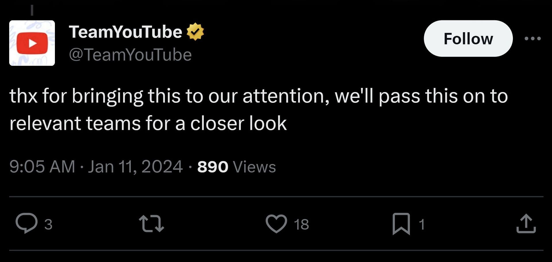 YouTube&#039;s response to Memeulous&#039; tweet (Image via Memeulous/X)