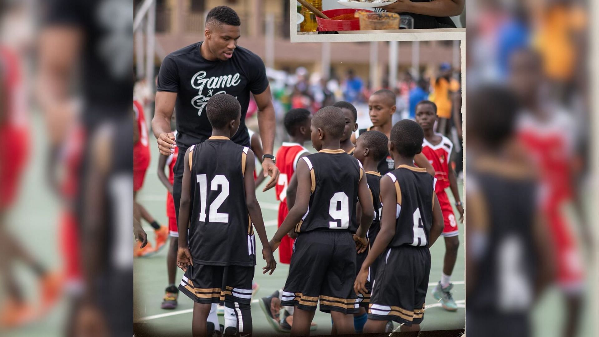 Giannis playing basketball with Nigerian kids