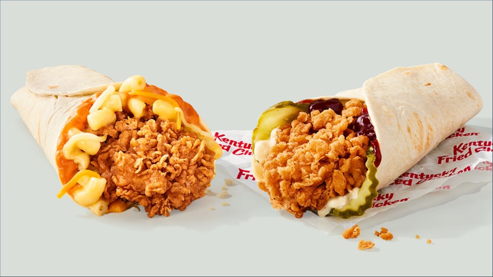 The Spicy Mac &amp; Cheese Wrap and the Honey BBQ Wrap are available under the two for $5 lineup (Image via KFC)