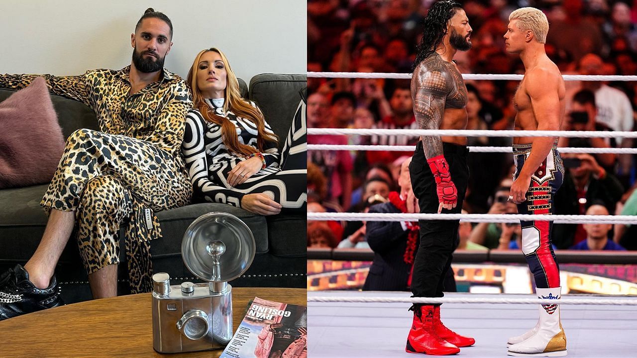 Becky Lynch and Seth Rollins (left); Reigns and Rhodes (via Becky