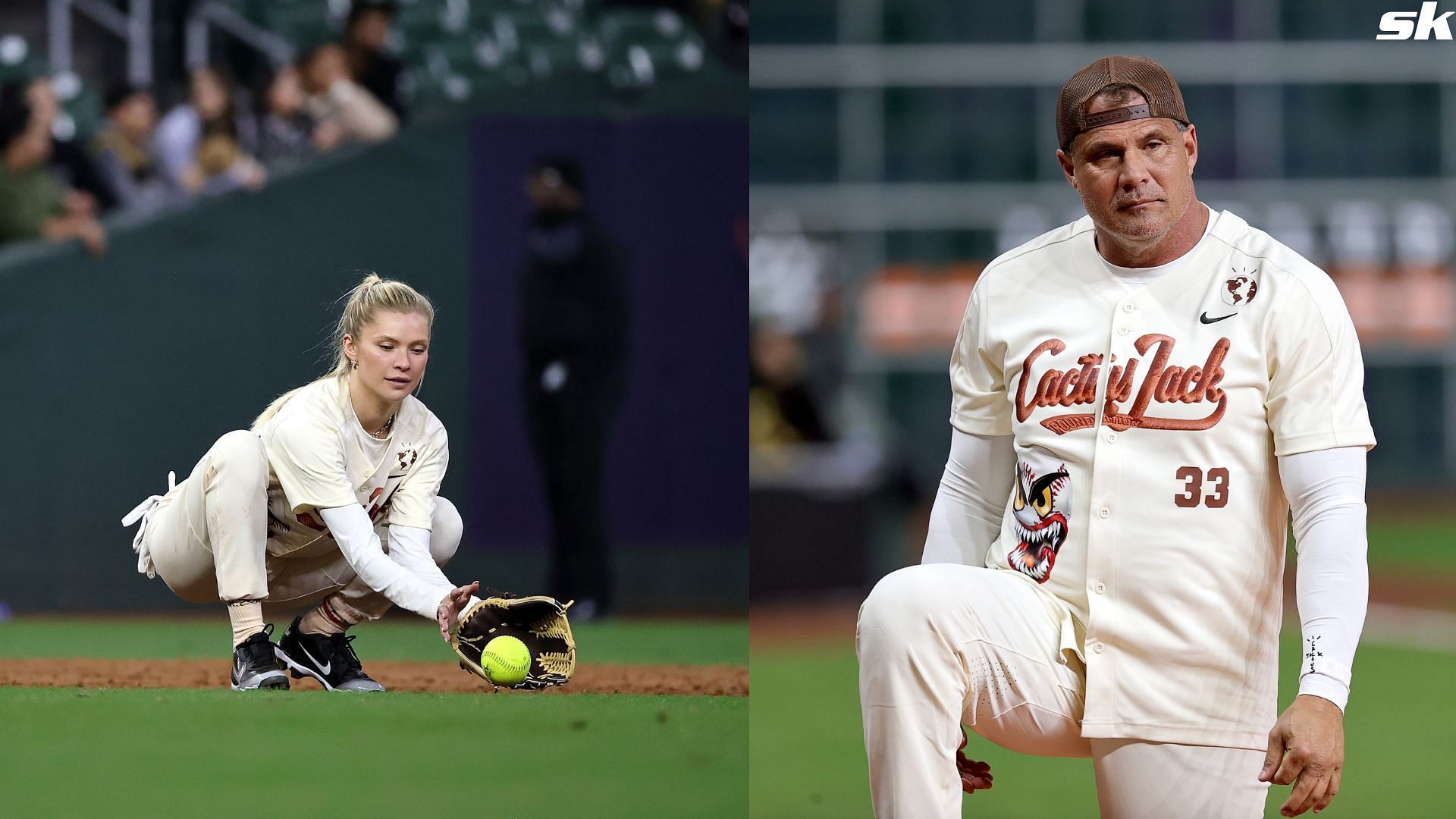 MLB legend Jose Canseco and daughter Josie Canseco attend the 2023 Cactus Jack Foundation HBCU Celebrity Softball Classic at Minute Maid Park in February 2023