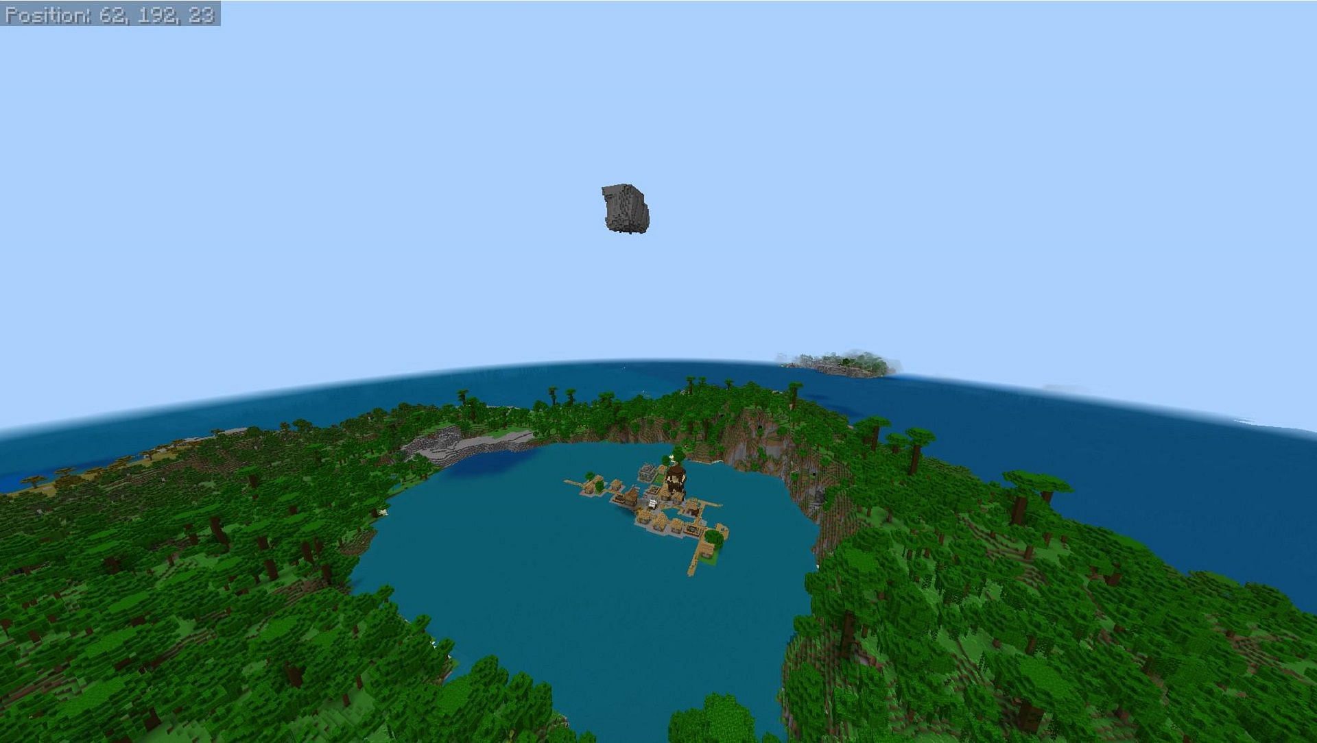 A chunk of rock floating ominously above multiple Minecraft structures is an interesting combination (Image via Fragrant_Result_186/Reddit)