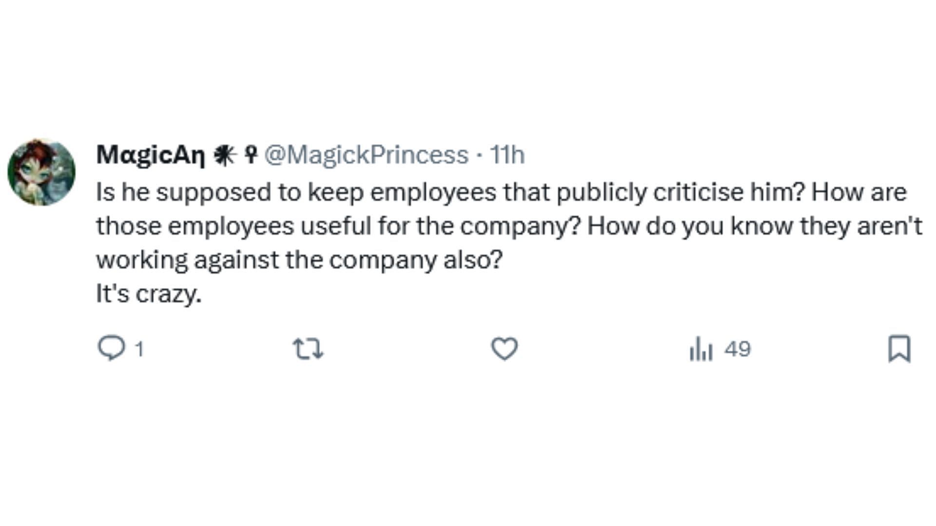 Netizens support Elon Musk for firing the employees who criticized him (Image via X / @MagickPrincess)