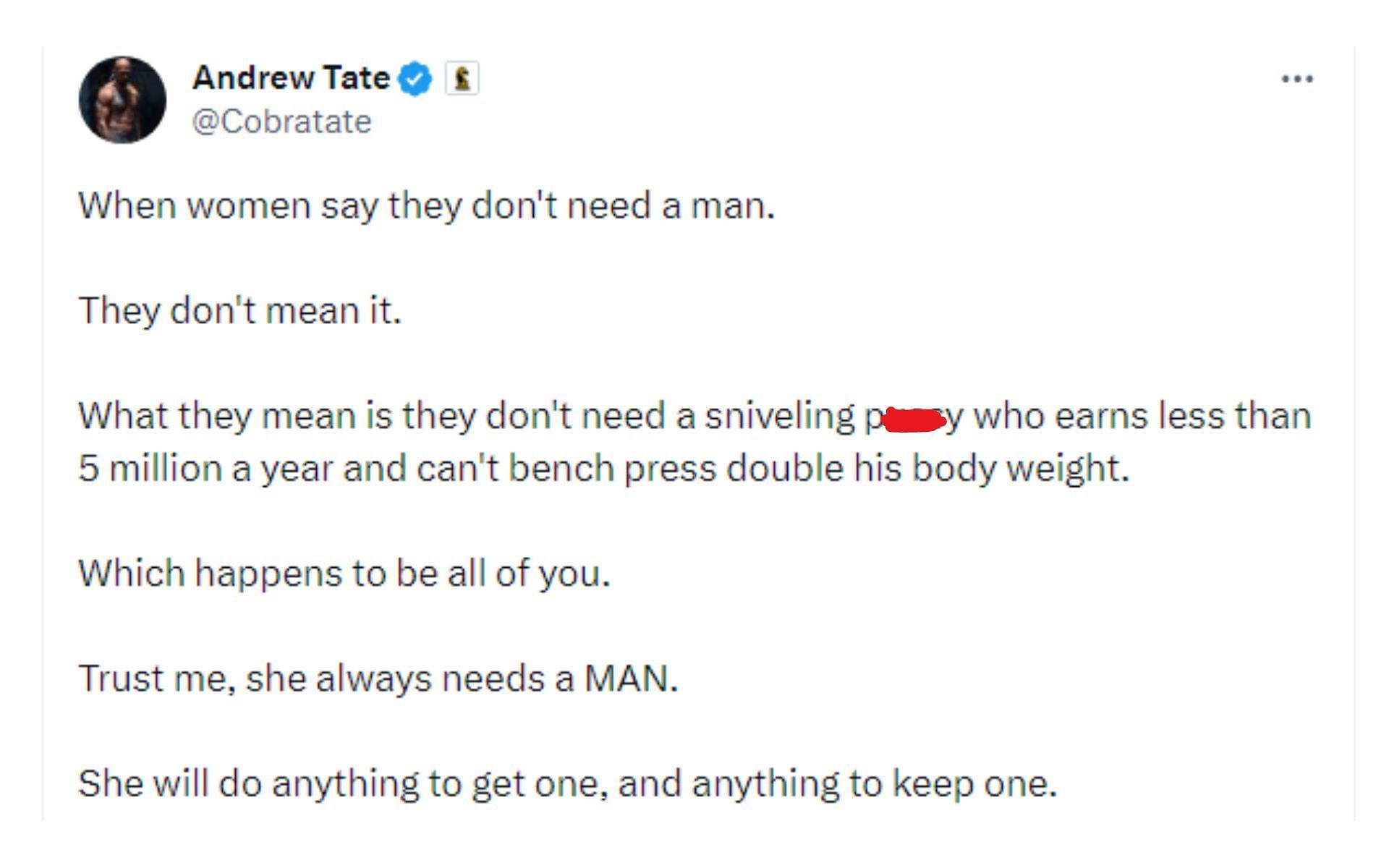 Andrew Tate's tweet about women not needing men (Image courtesy: @cobratate - X)