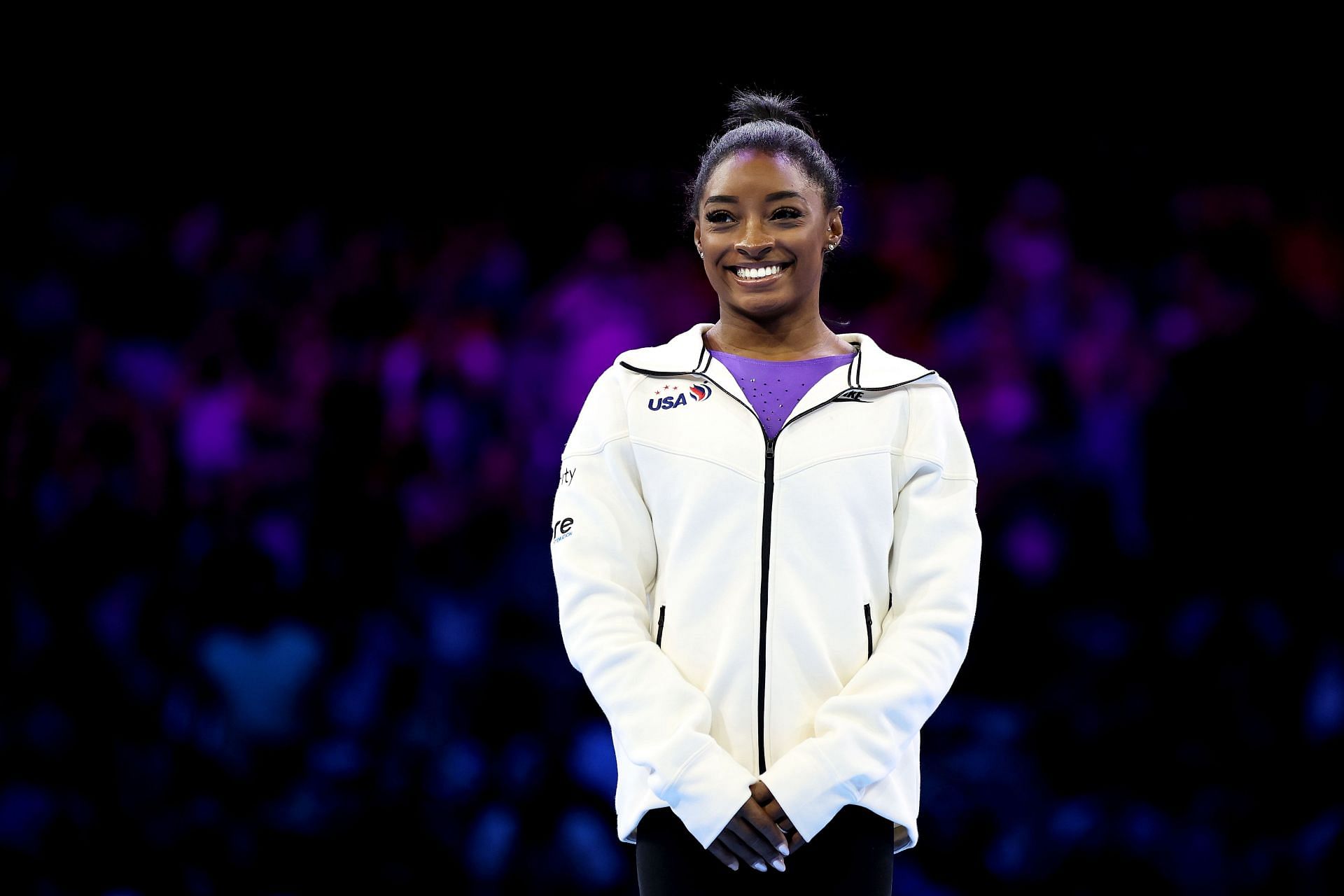 Simone Biles after winning one of her golds at the World Artistic Gymnastic Championships