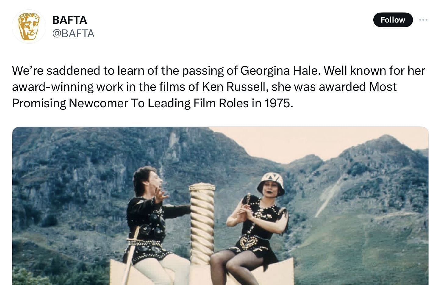 BAFTA paid tribute to actress Georgina Hale (Image via @BAFTA/X)