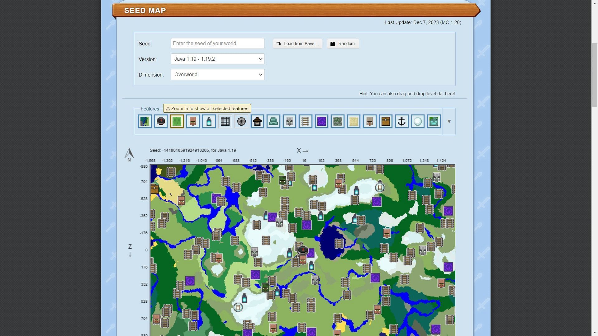 A seed map shows every biome and structure of a particular seed (Image via Chunk Base)