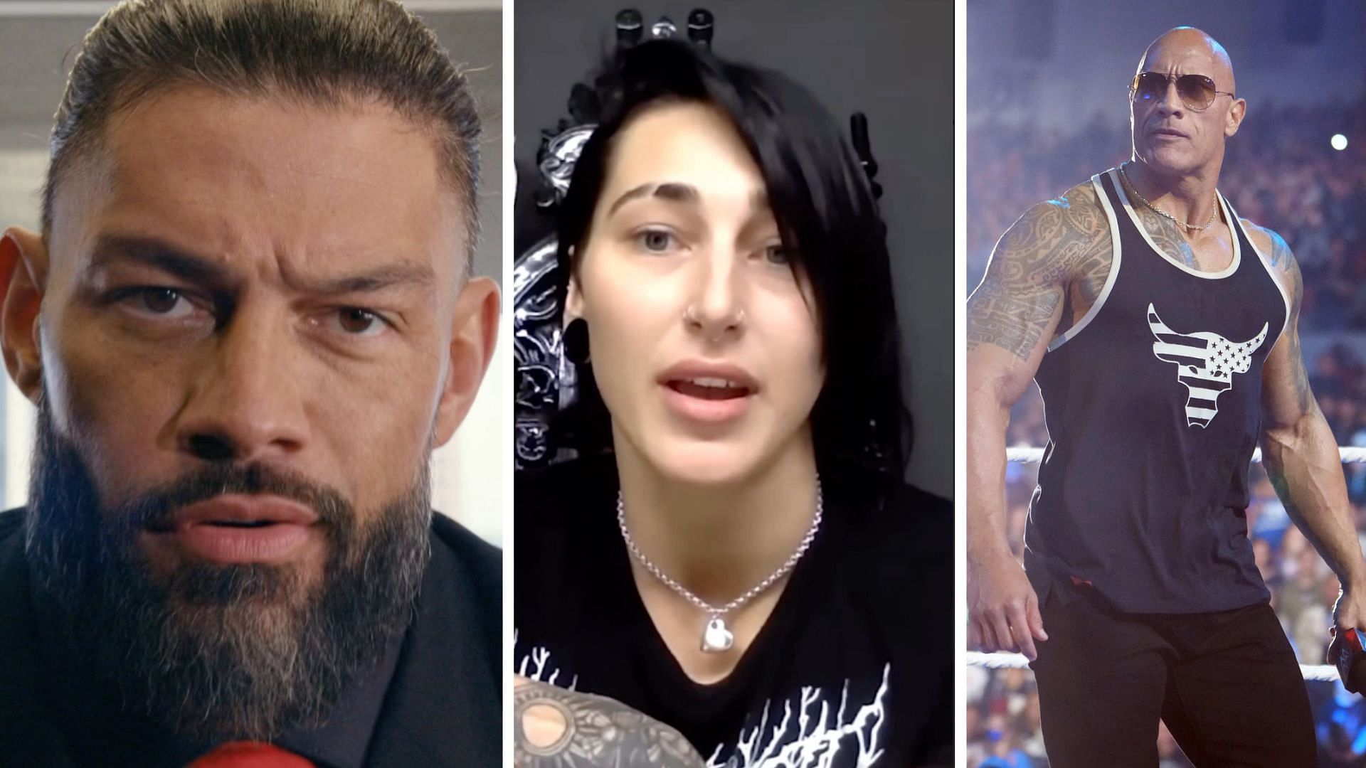 Roman Reigns on the left, Rhea Ripley in the middle, The Rock on the right