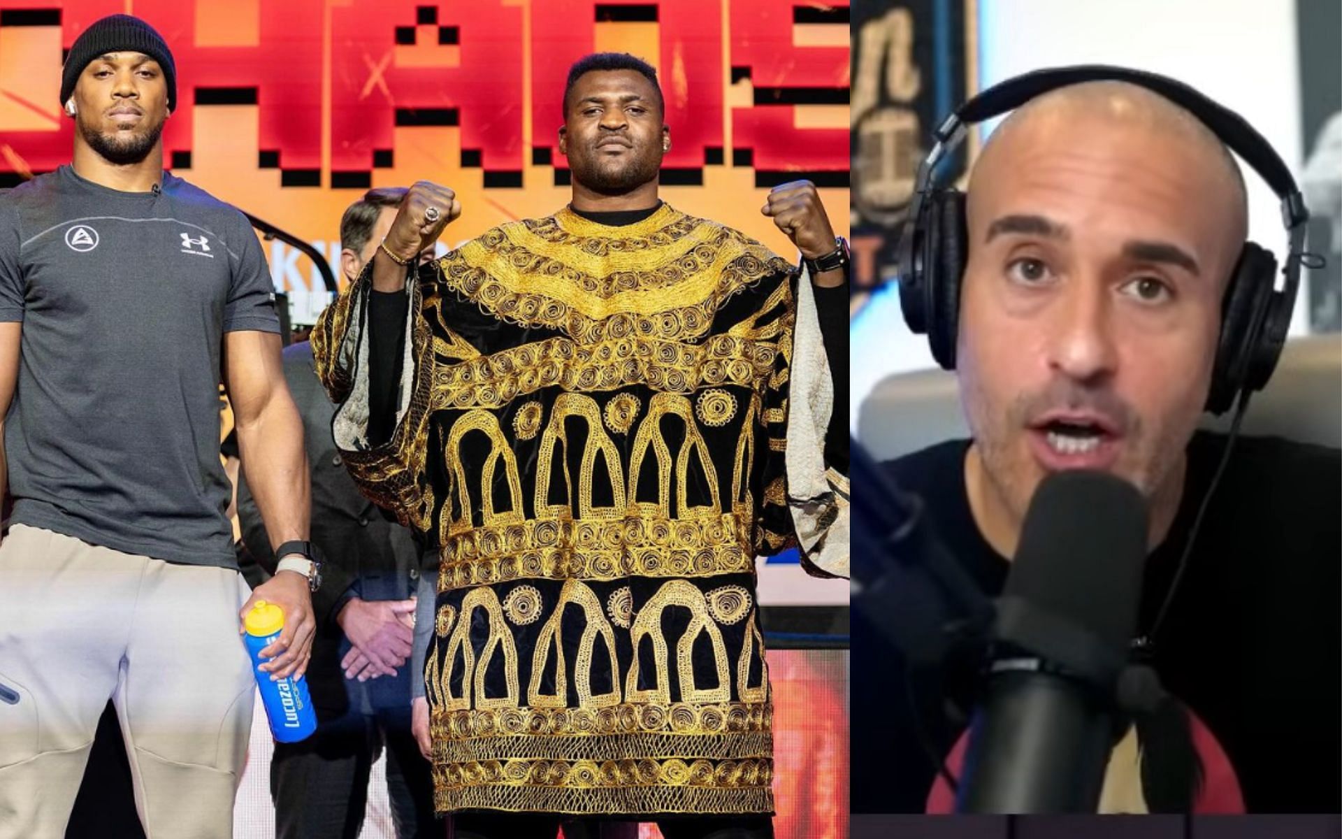 Francis Ngannou (middle) may not returing to MMA after facing Anthony Joshua (left), says Jon Anik (right) [Images Courtesy: @draftkings on YouTube and @francisngannou on Instagram]