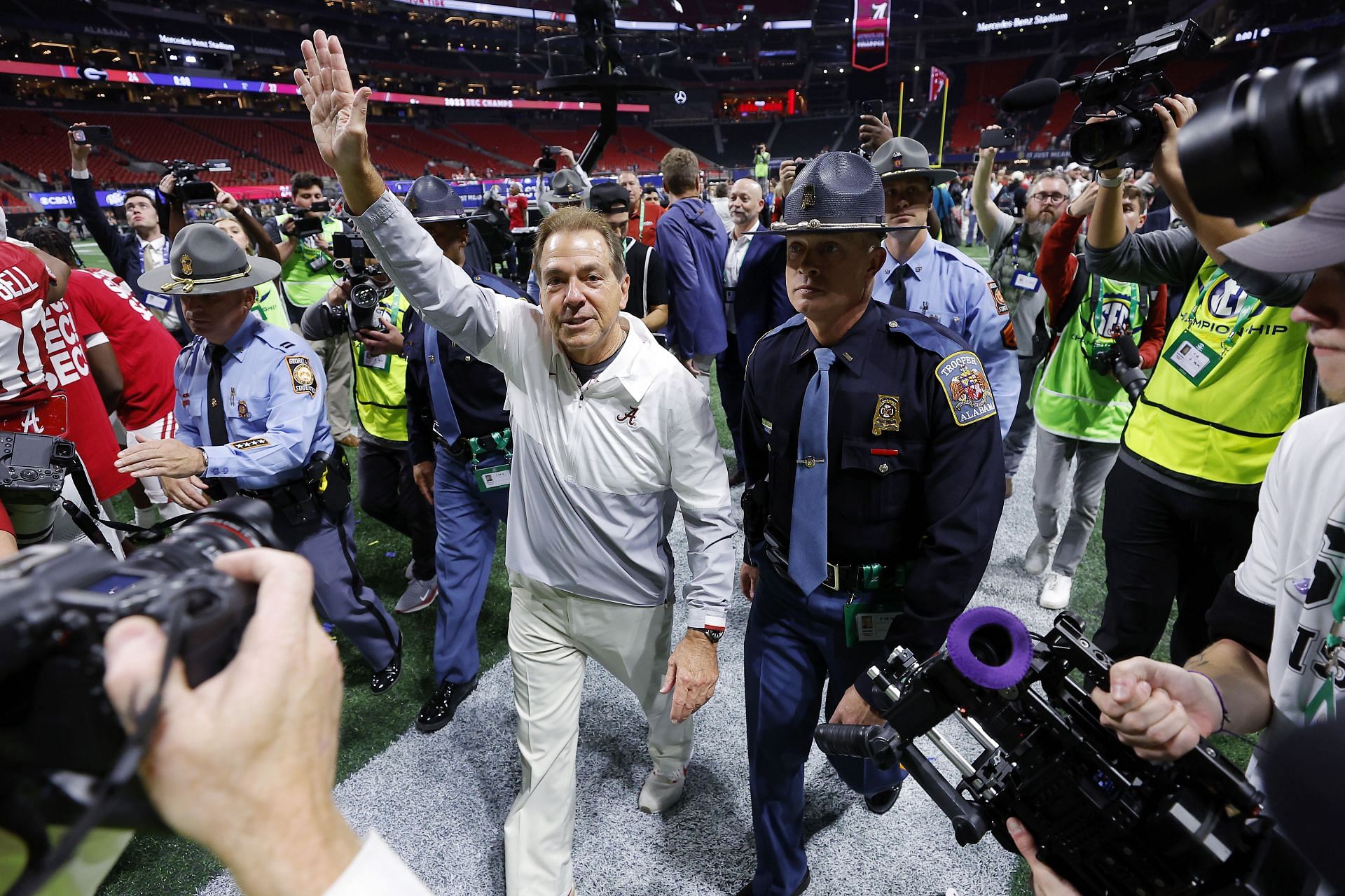 ATLANTA, GEORGIA - DECEMBER 02: Head coach Nick Saban of the Alabama Crimson Tide celebrates after defeating the Georgia Bulldogs 27-24 in the SEC Championship at Mercedes-Benz Stadium on December 02, 2023 in Atlanta, Georgia. (Photo by Todd Kirkland/Getty Images)