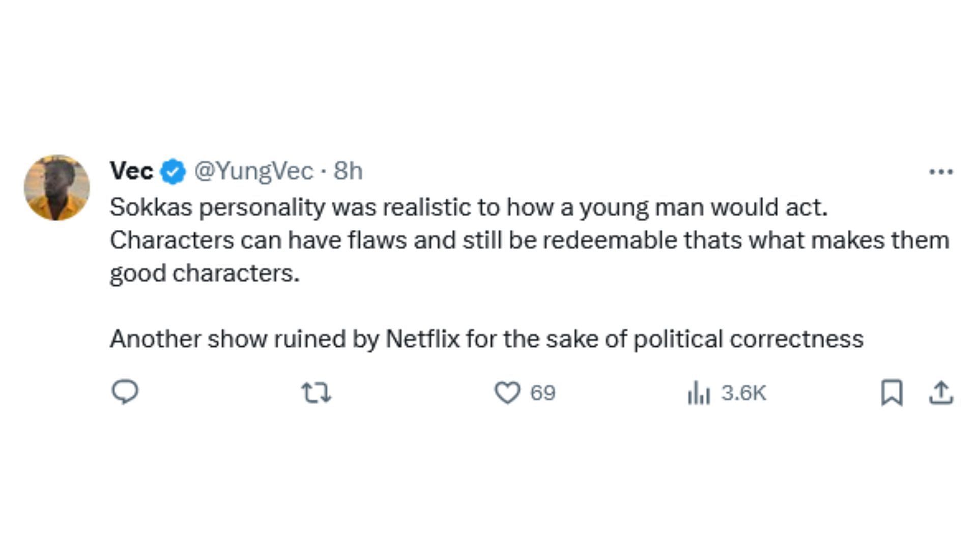 Netizens criticize as Netflix decides to remove Sokka&#039;s sexist personality from the live-action Avatar series (Image via X/@YungVec)