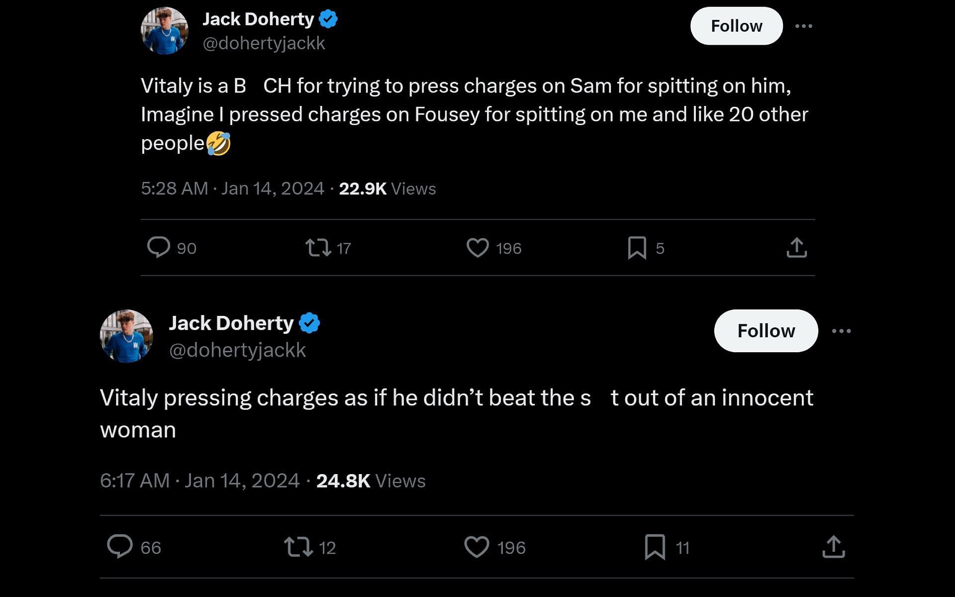 Jack Doherty called out Vitaly in tweets dated January 14, 2024 (Image via @dohertyjackk/X)