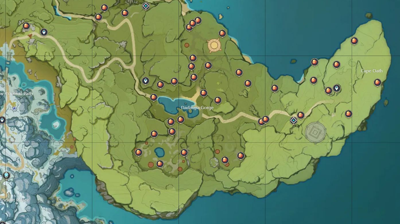 Sunsettia locations in Dadaupa Gorge (Image via Teyvat official Interactive map)