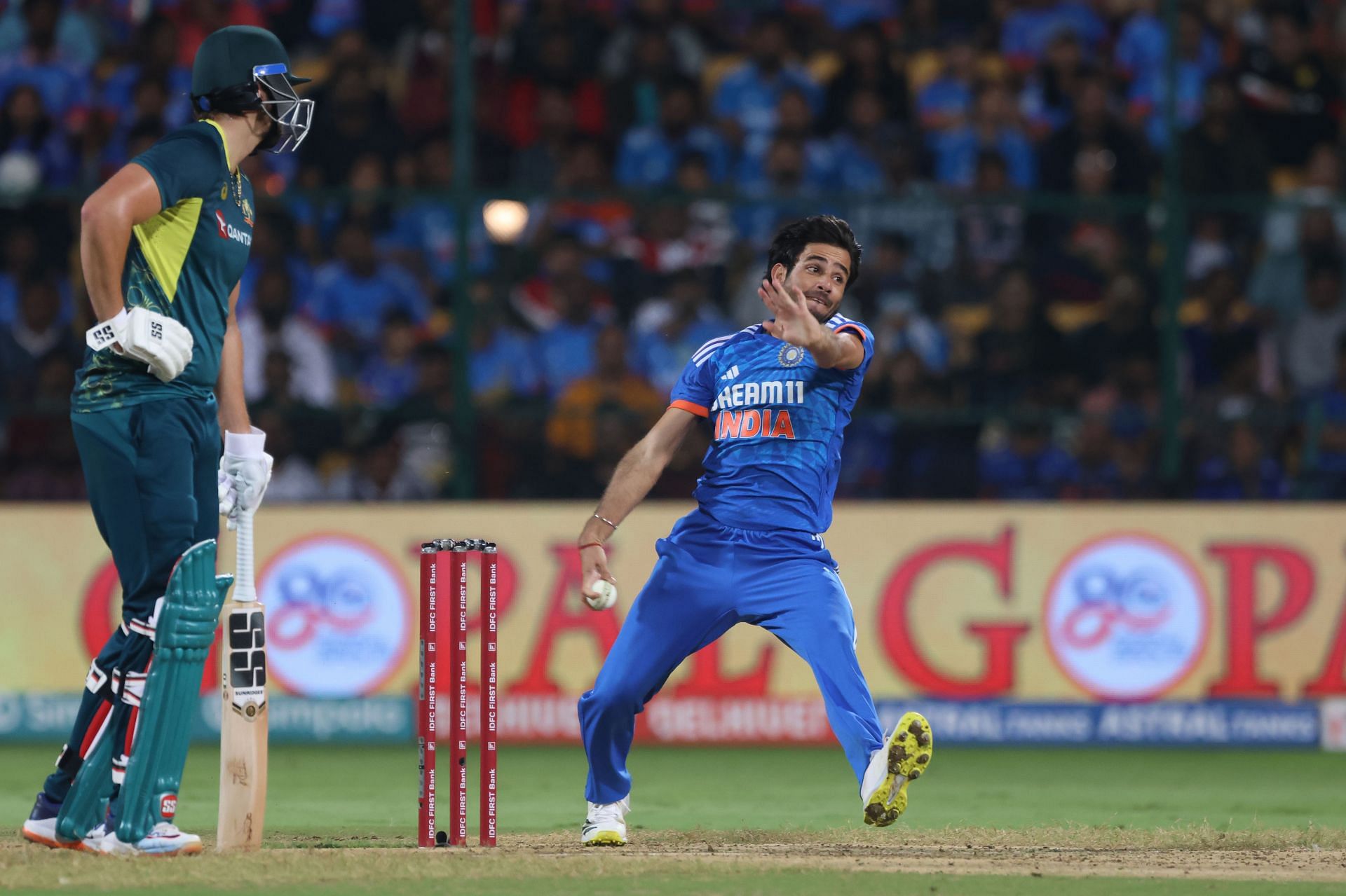 Ravi Bishnoi bowls: India v Australia - T20I Series: Game 5