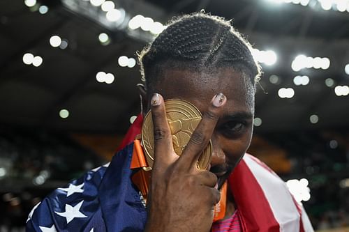 Noah Lyles celebrates with the gold medal after winning the Men's 200m Final during the World Athletics Championships Budapest 2023in Budapest, Hungary.