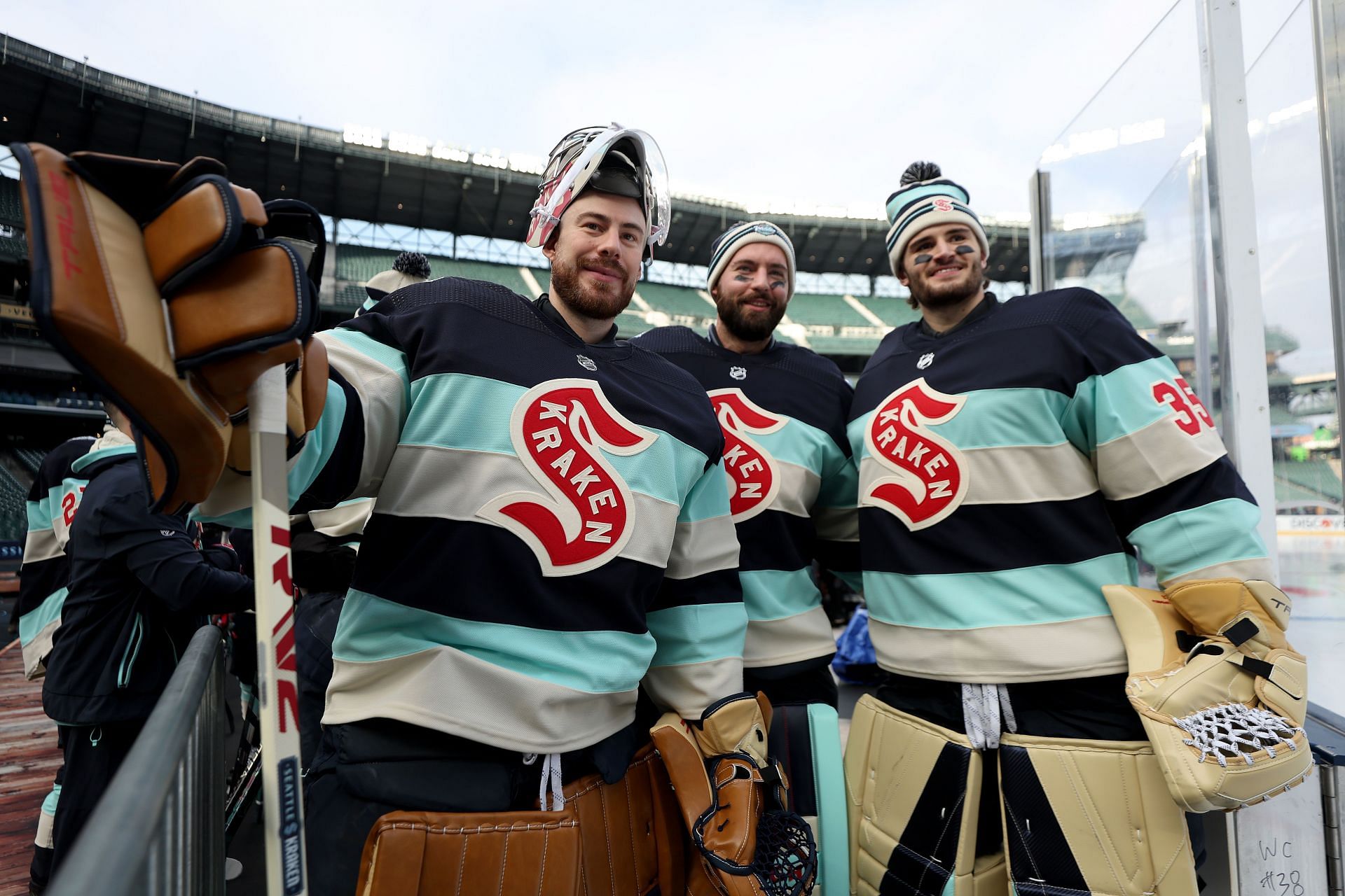 Phillipp Grubauer, Joey Daccord and Chris Driedger of the NHL team Seattle Kraken