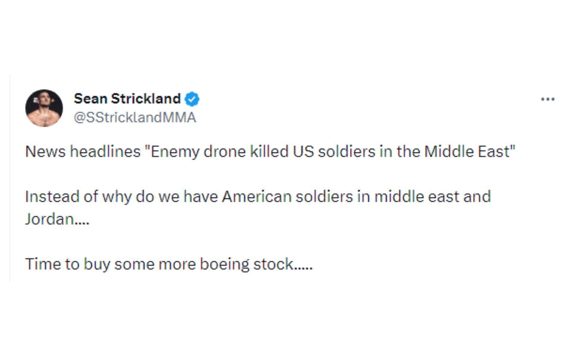 Sean Strickland&#039;s tweet regarding American soldier casualty [Image courtesy: @SStricklandMMA - X]