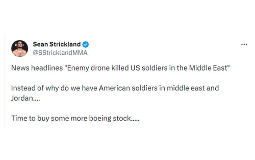 Sean Strickland's tweet regarding American soldier casualty [Image courtesy: @SStricklandMMA - X]