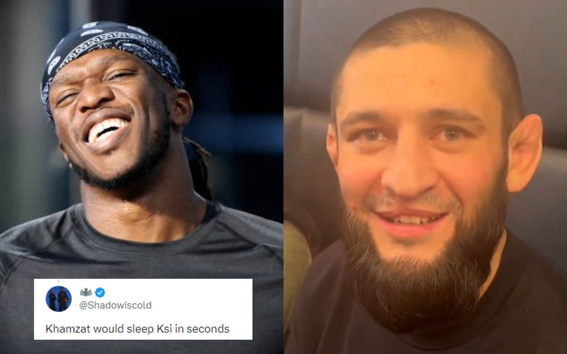 Khamzat Chimaev [Right] triggered a hilarious reaction from MMA fans regarding KSI [Left] [Image courtesy: @ksinews_ and @HappyPunch - X]