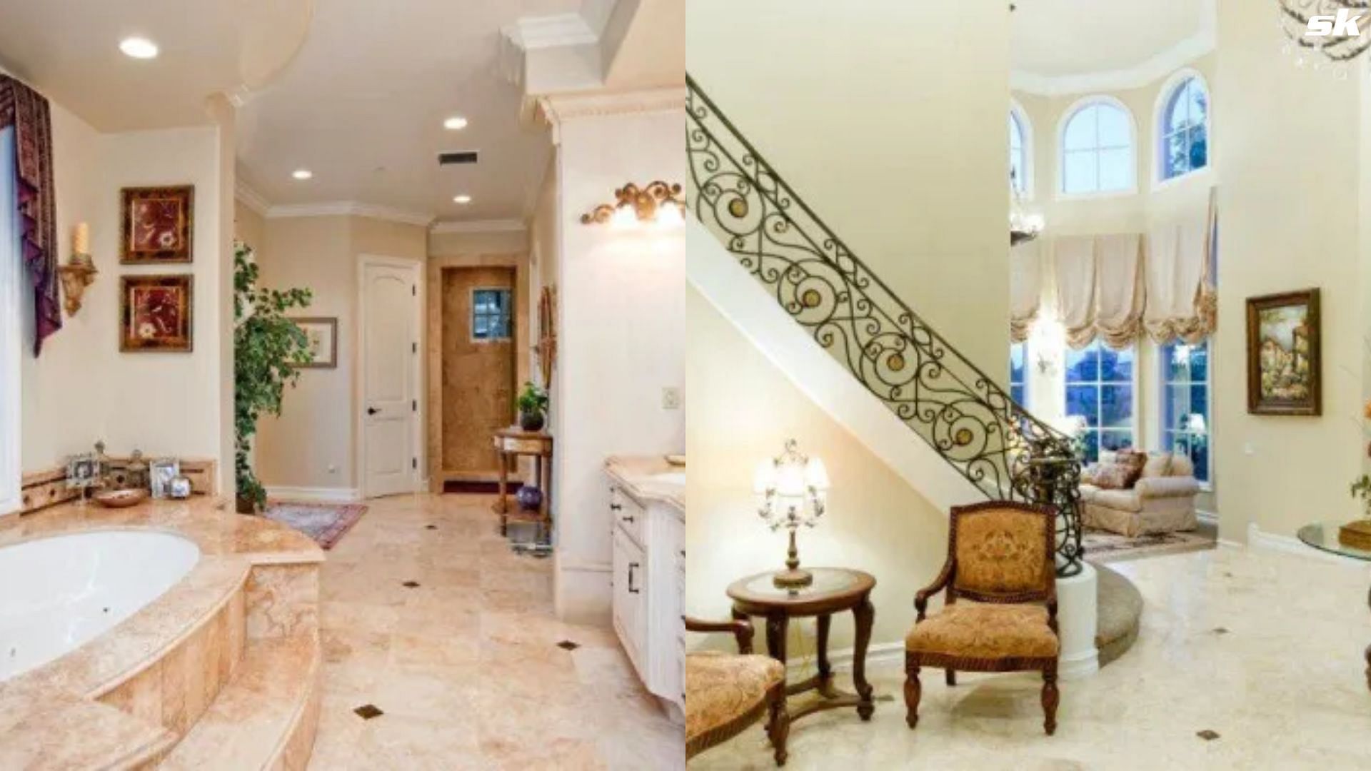 Interior of the Laguna Hills: a washroom (L) and a mansion hall (R) 