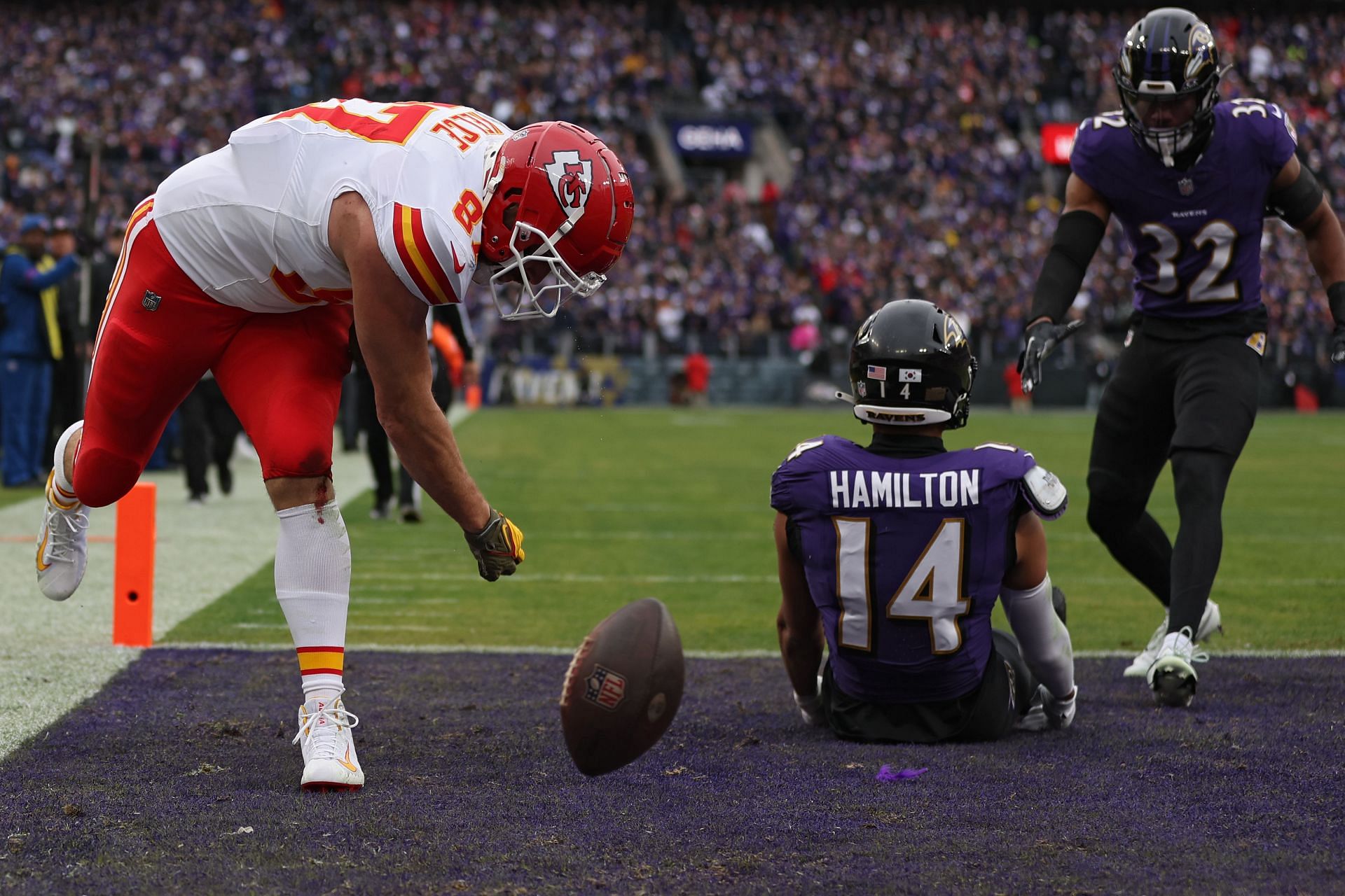 Travis Kelce #87 of the Kansas City Chiefs celebrates after catching a touchdown pass against the Baltimore Ravens during the first quarter of the AFC Championship Game at M&amp;T Bank Stadium on January 28, 2024, in Baltimore, Maryland. (Photo by Patrick Smith/Getty Images) )