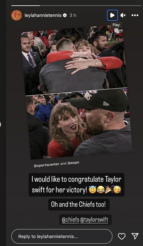 Taylor Swift is congratulated by Leylah Fernandez on social media