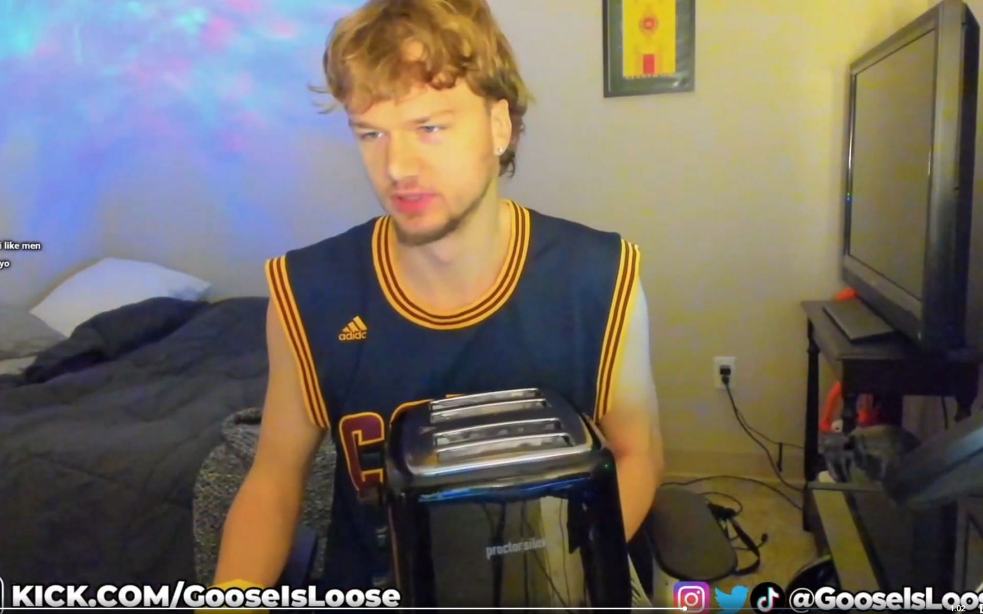 Kick streamer Goose pulls another fork-in toaster stunt (Image via Kick/@GooseIsLoose)