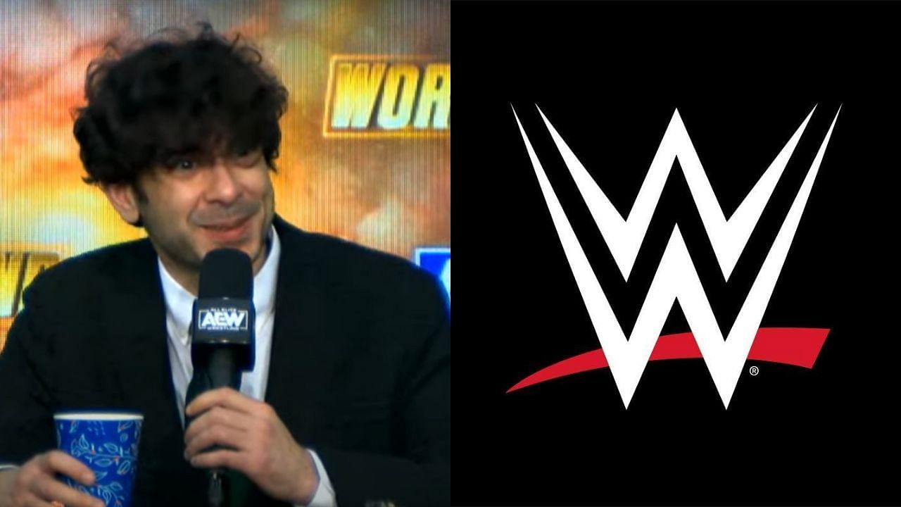 AEW president Tony Khan (left) and WWE logo (right)