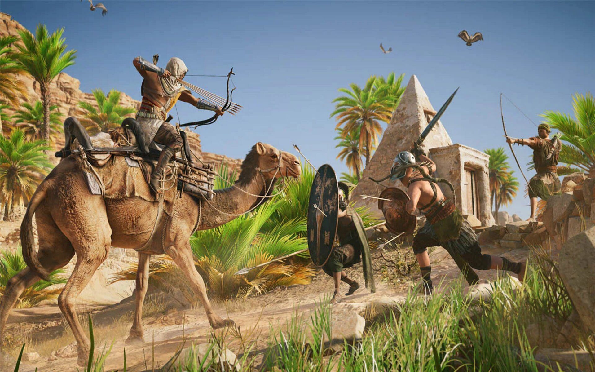 Bayek engaging in a fight with bow and arrow on his camel.