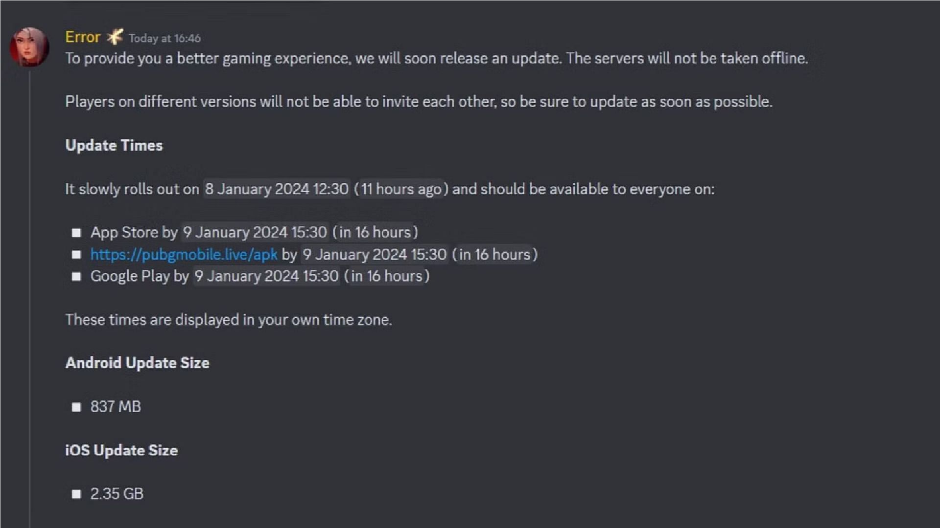 Discord server announces the update date, time, and file size (Image via official Discord Server)