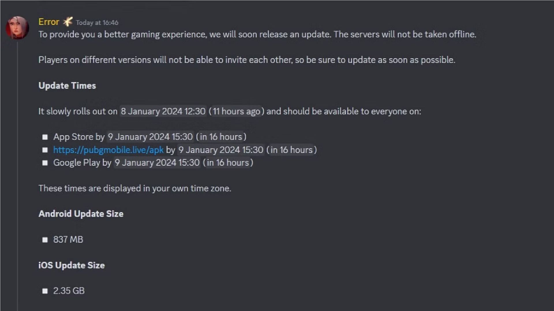 Le serveur Discord annonce la date, l'heure et la taille du fichier de mise à jour (Image via le serveur Discord officiel)