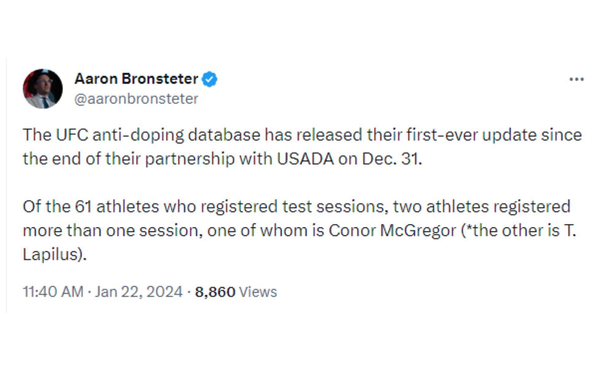Bronsteter&#039;s tweet regarding UFC&#039;s anti-doping tests [Image courtesy: @aaronbronsteter - X]