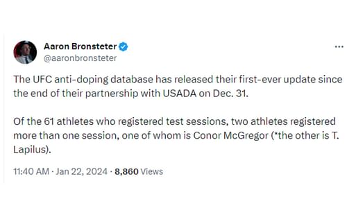 Bronsteter's tweet regarding UFC's anti-doping tests [Image courtesy: @aaronbronsteter - X]