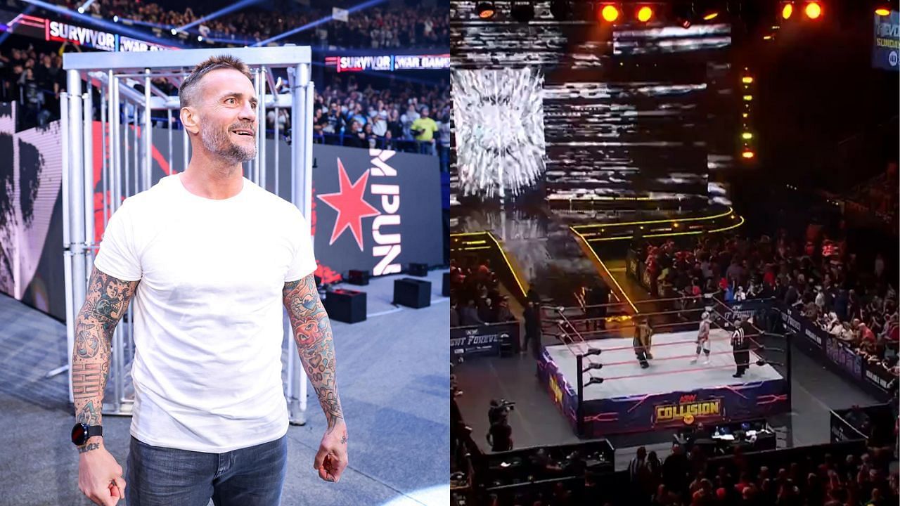CM Punk (left) and AEW Collision arena (right)