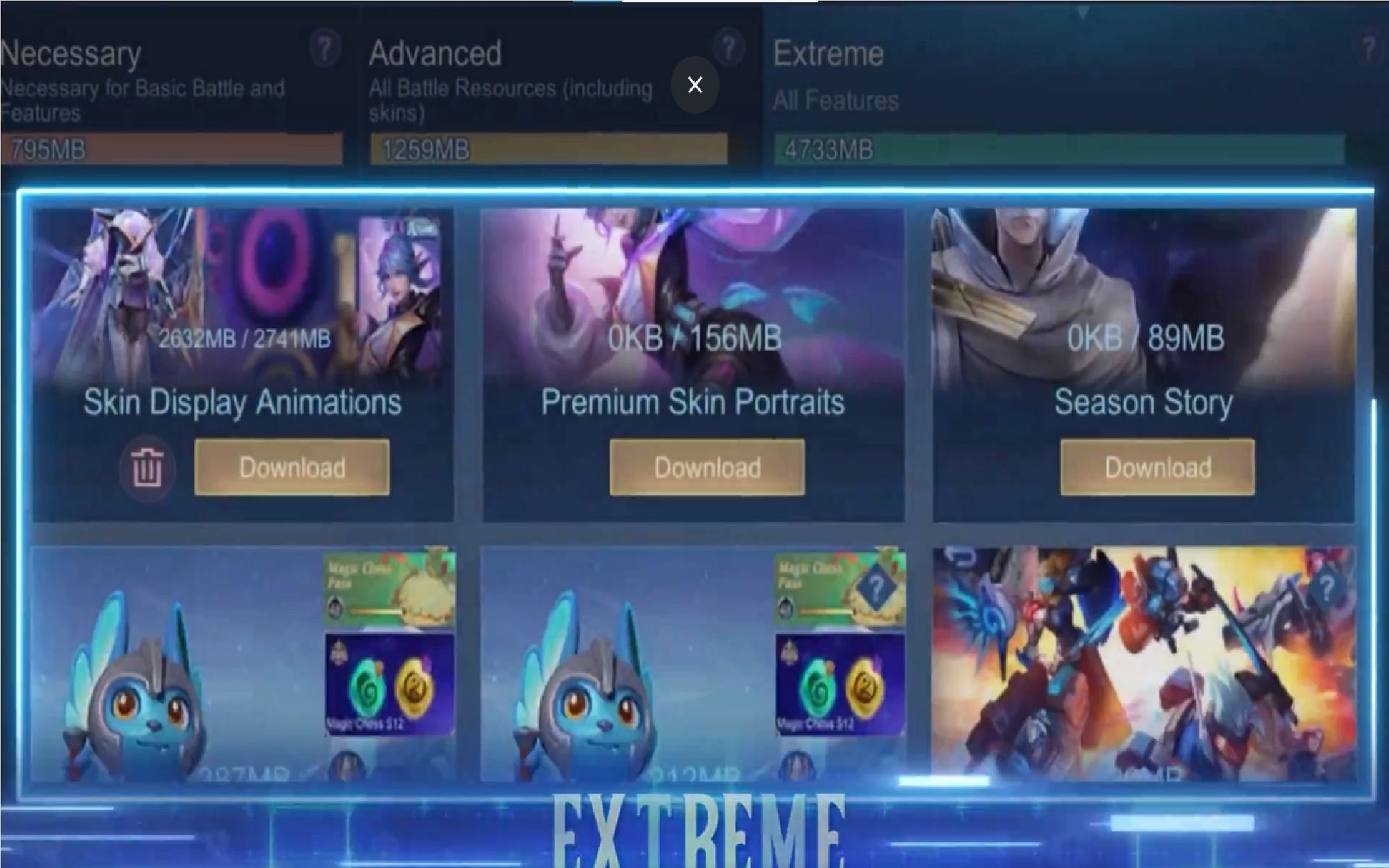 Different sections in the &quot;Manage Resources&quot; menu have varying resource modules (Image via Moonton Games)