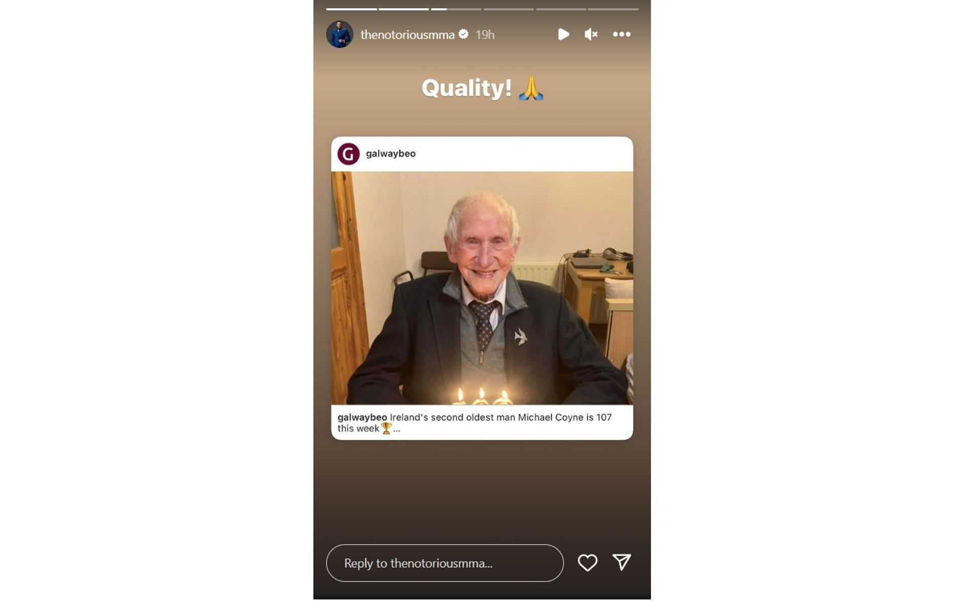 McGregor&#039;s Instagram story reacting to Coyne&#039;s 107th birthday [Image courtesy: @thenotoriousmma - Instagram]