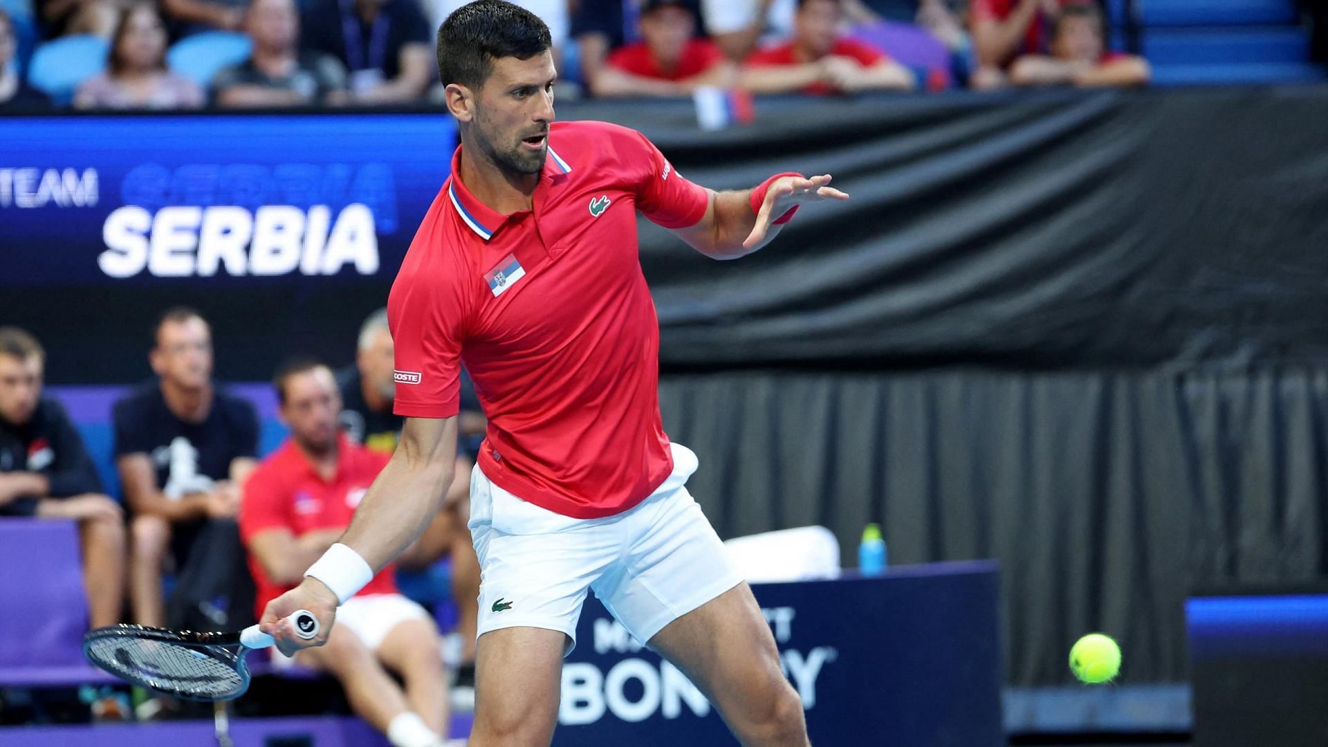 Novak Djokovic plays a forehand at the 2024 United Cup