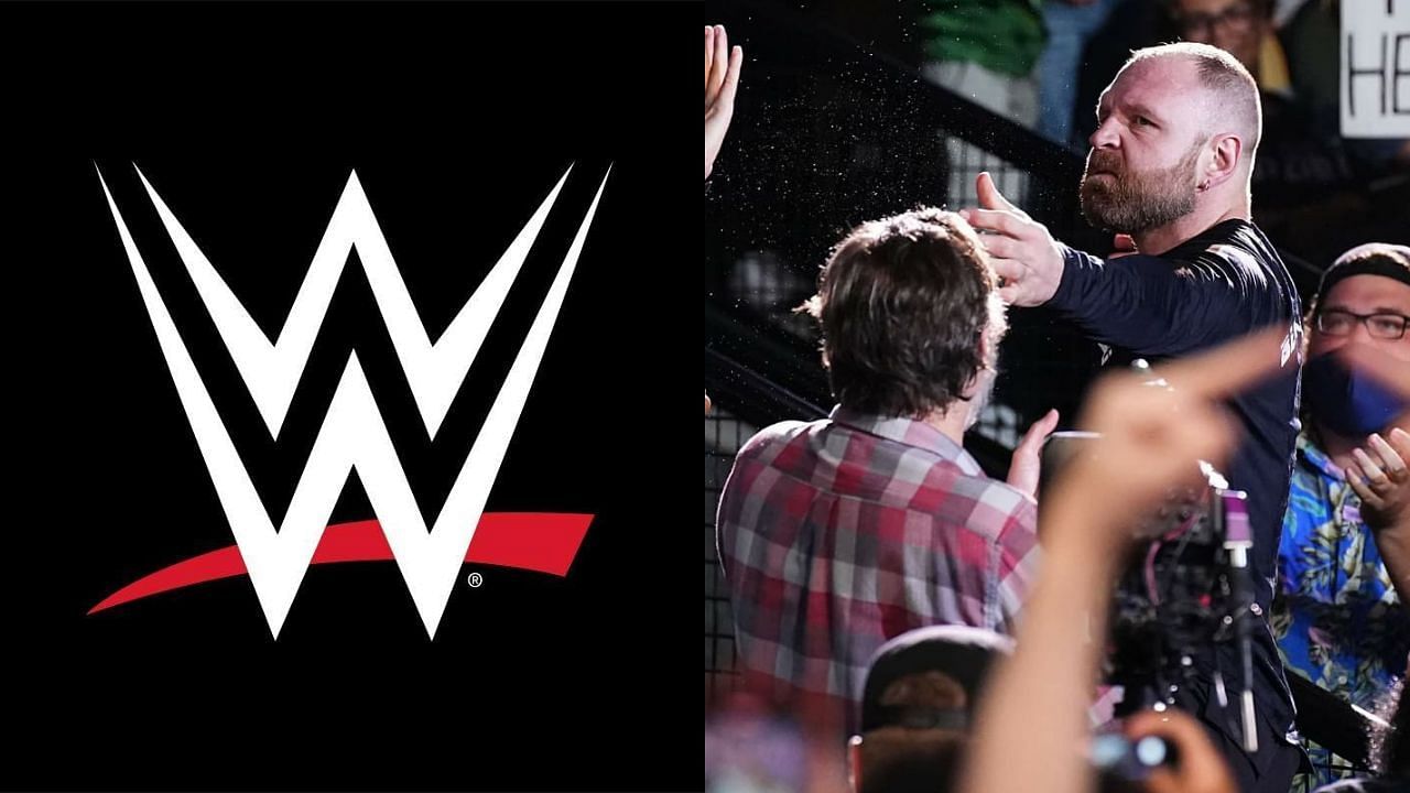 WWE logo (left) and Jon Moxley (right)