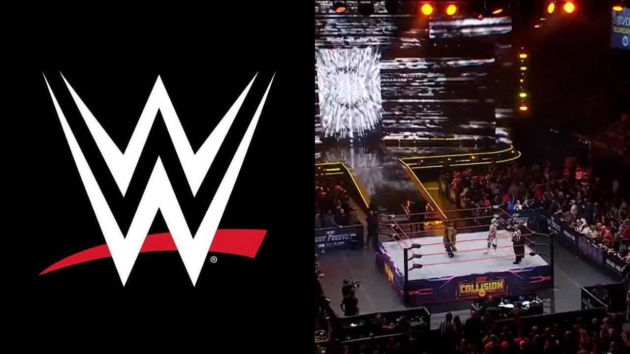 WWE logo (left) and AEW Collision arena (right)